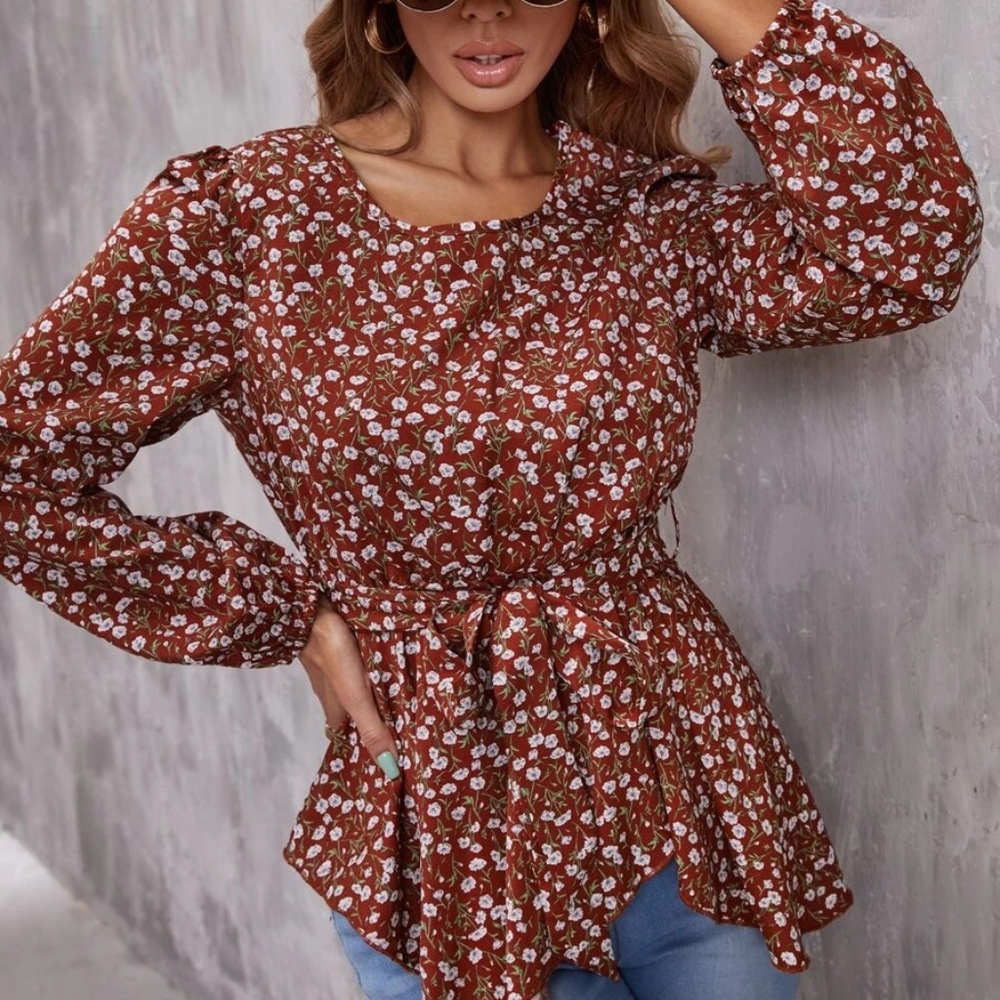 Boho Floral Print Peplum Ruffle Blouse - Picture 2 of 5